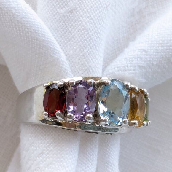 Sterling Sz 8 Multi Gemstone Cocktail Ring - Picture 3 of 12
